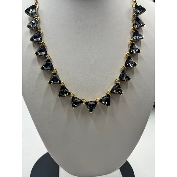 J. Crew Dark Gray Crystal Triangle Deco Style Gold Tone Collar Necklace - Picture 2 of 10